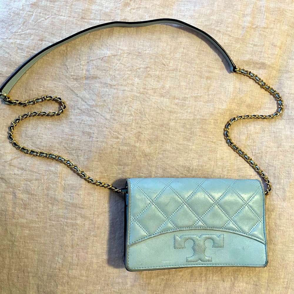 Powder blue Tory Burch quilted leather crossbody bag